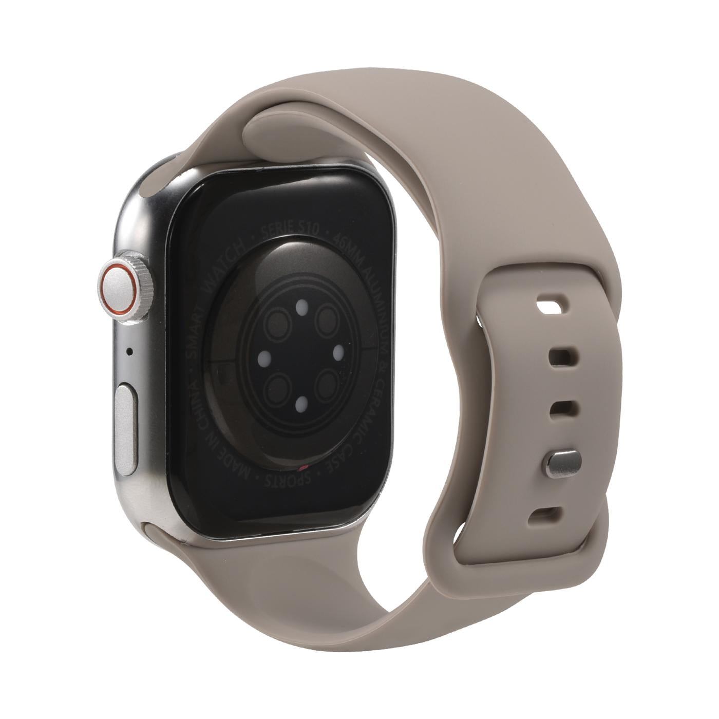 Graues Silikonarmband mit Butterfly-Verschluss an Apple Watch, Rückseite sichtbar.
