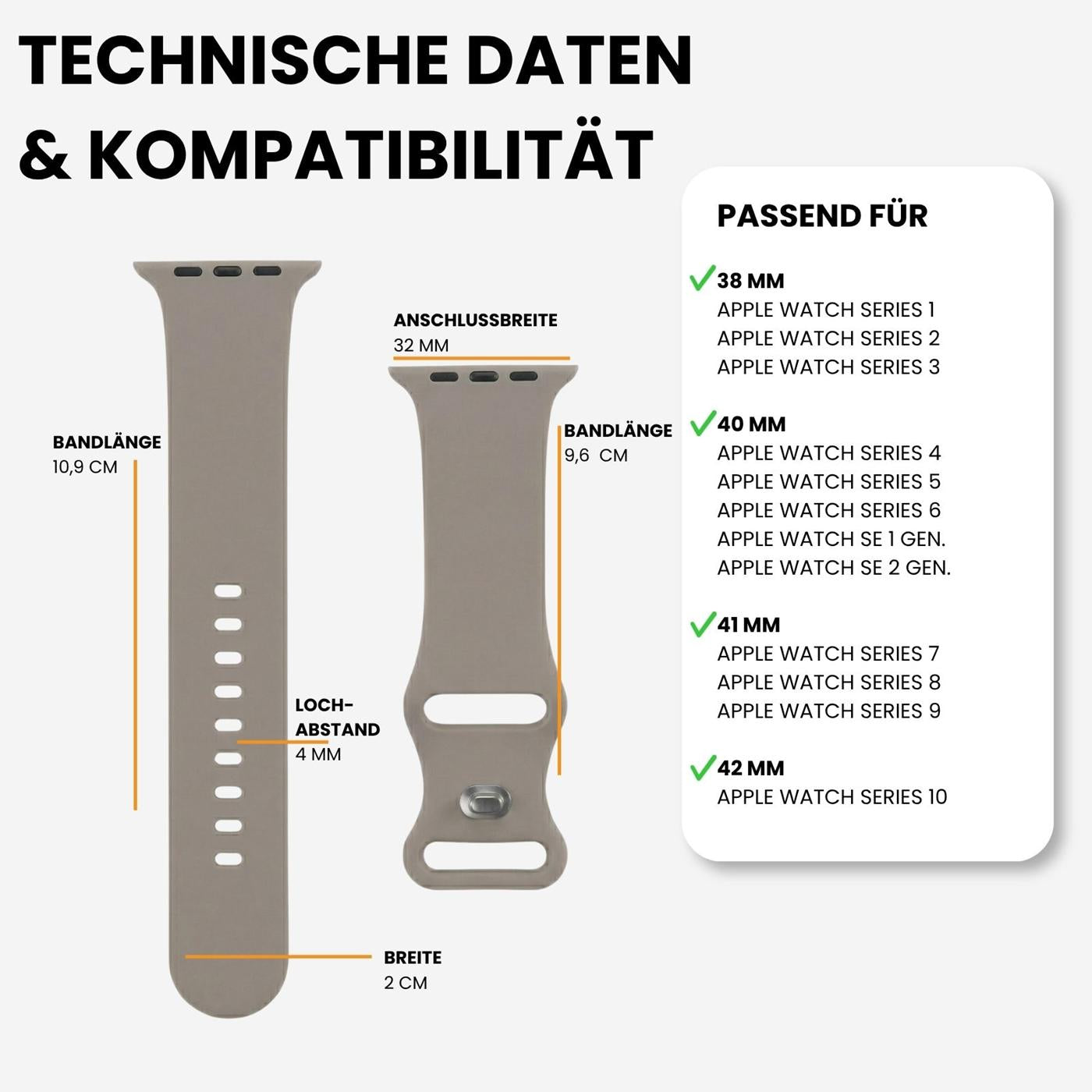 Graues Silikonarmband für Apple Watch, mit Maßen und Kompatibilitätsliste.