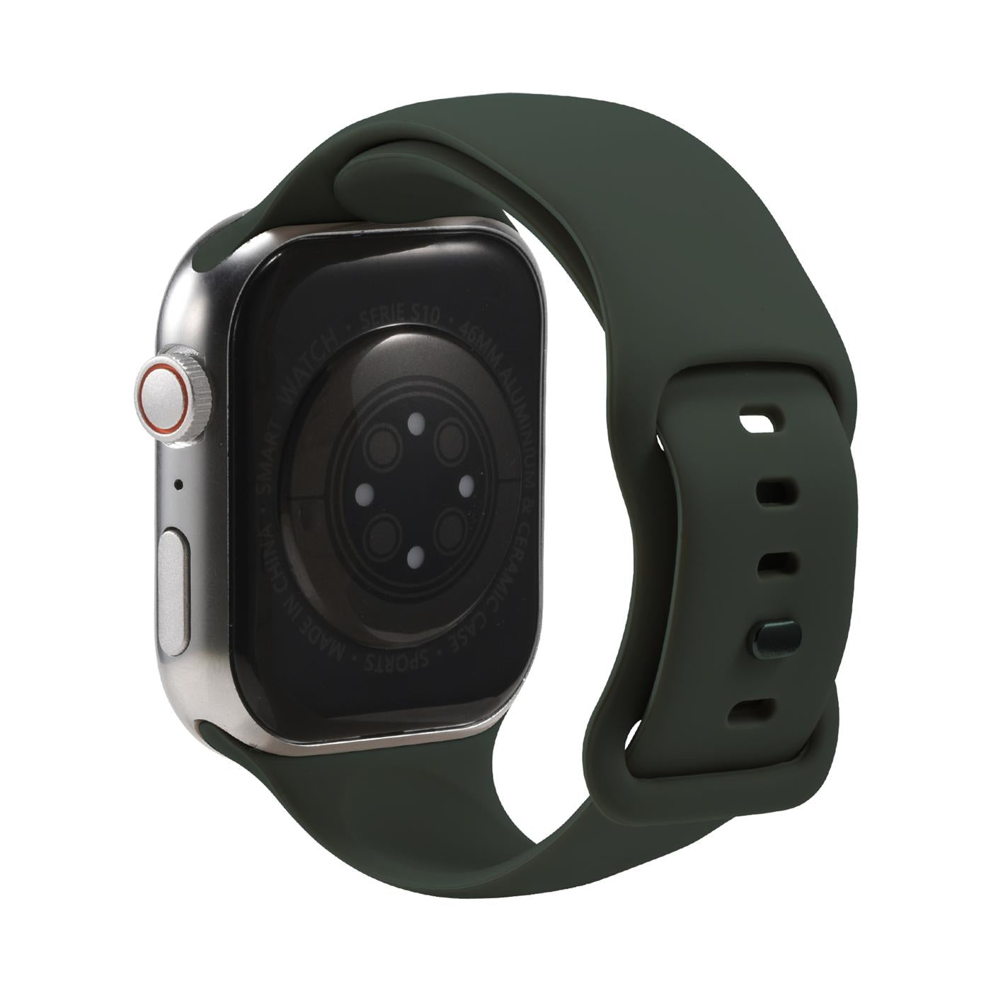 Dunkelgrünes Silikonarmband mit Butterfly-Verschluss an Apple Watch, Rückansicht.