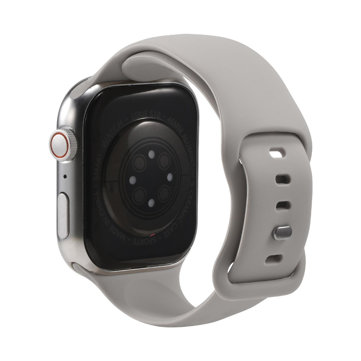 Graues Silikonarmband mit Butterfly-Verschluss an Apple Watch, von hinten, von der Seite gesehen.