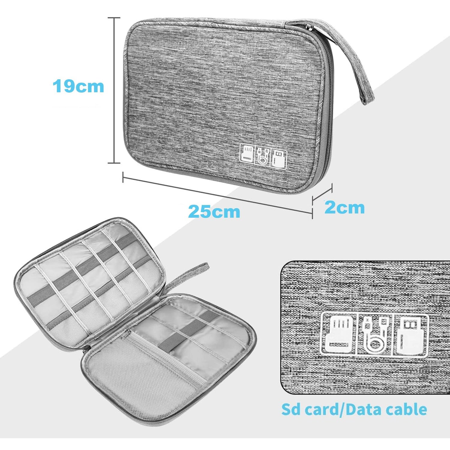 Grauer, rechteckiger Textil-Reiseorganizer, geschlossen mit Maßen (25x19x2cm) und offen mit Fächern.