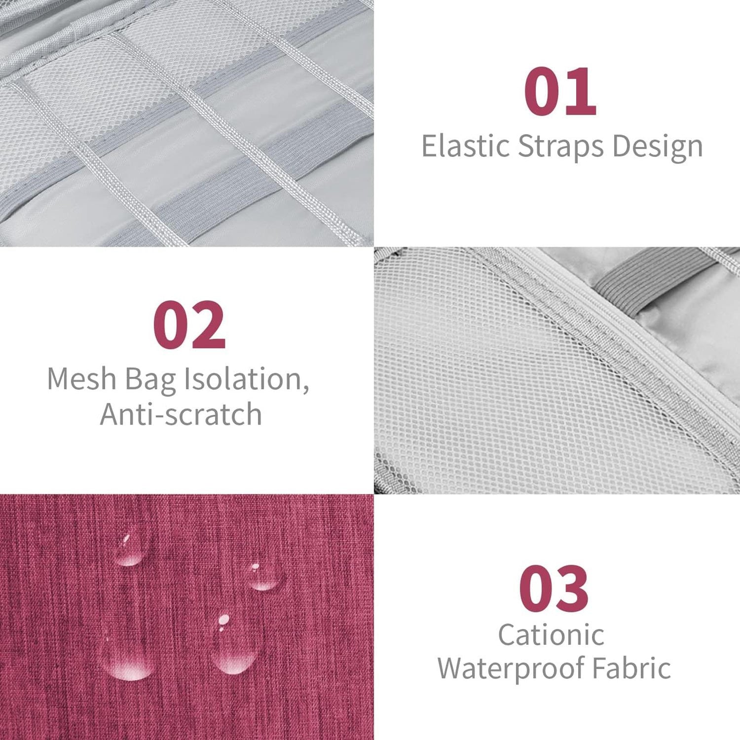 Detailansicht eines Reiseorganizers: oben graue elastische Bänder und Netztaschen, unten pinkes wasserabweisendes Textil mit.