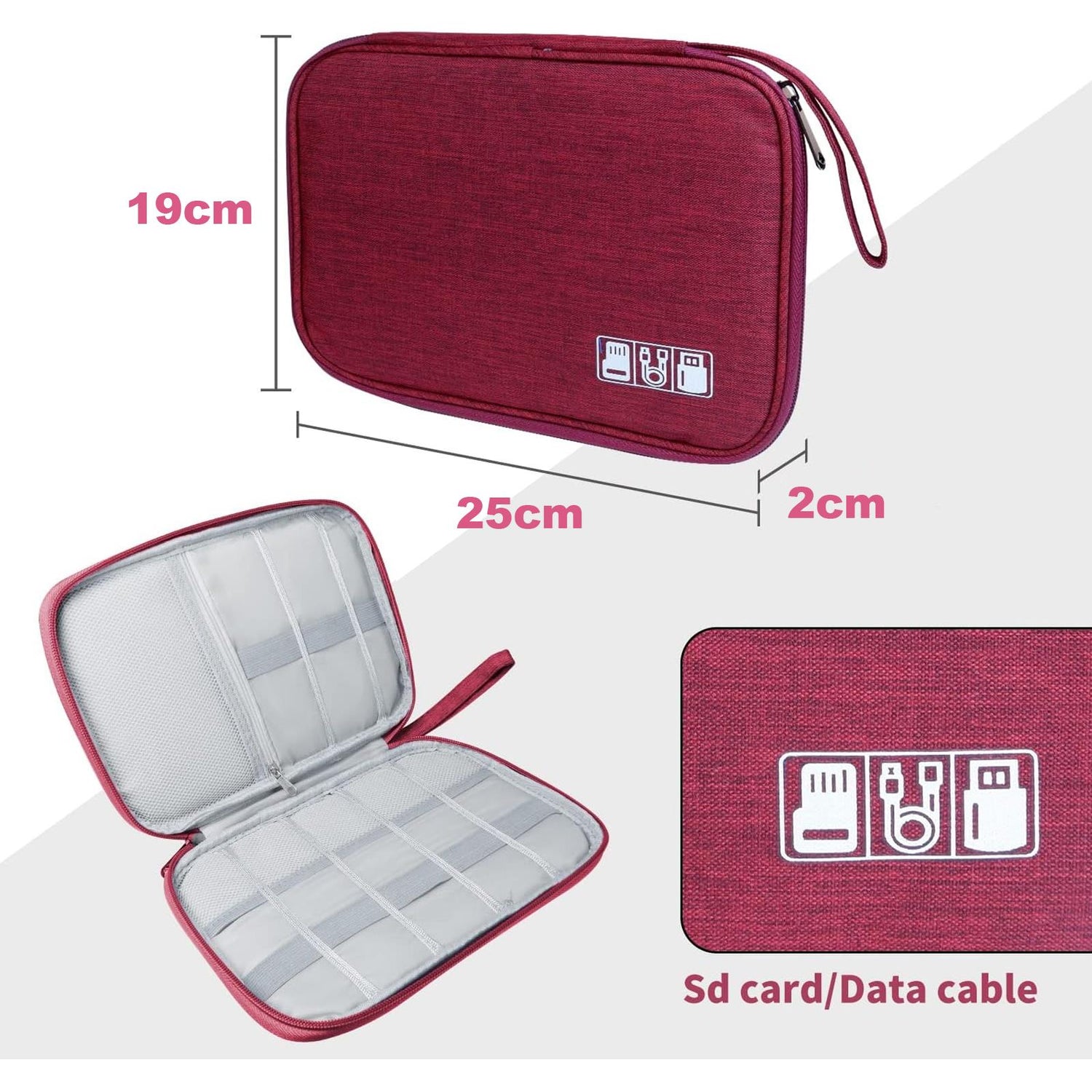 Bordeauxroter Textil-Reiseorganizer, geschlossen und offen. Maße 19x25x2cm. Innen graue Netztaschen.