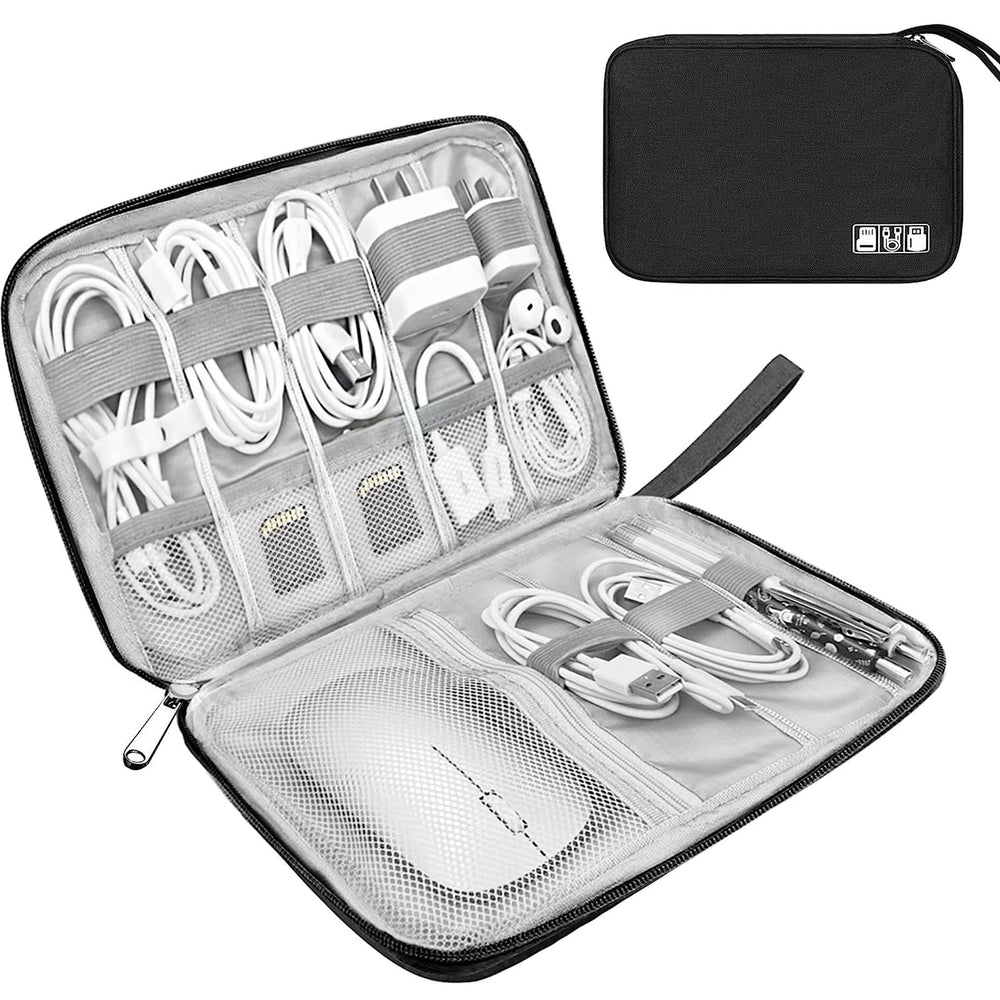 Kompakte Kabel- und Elektronik-Organizer-Tasche mit elastischen Schlaufen, Netzfächern und Reißverschluss, ideal für Kabel, Ladegeräte und Zubehör.