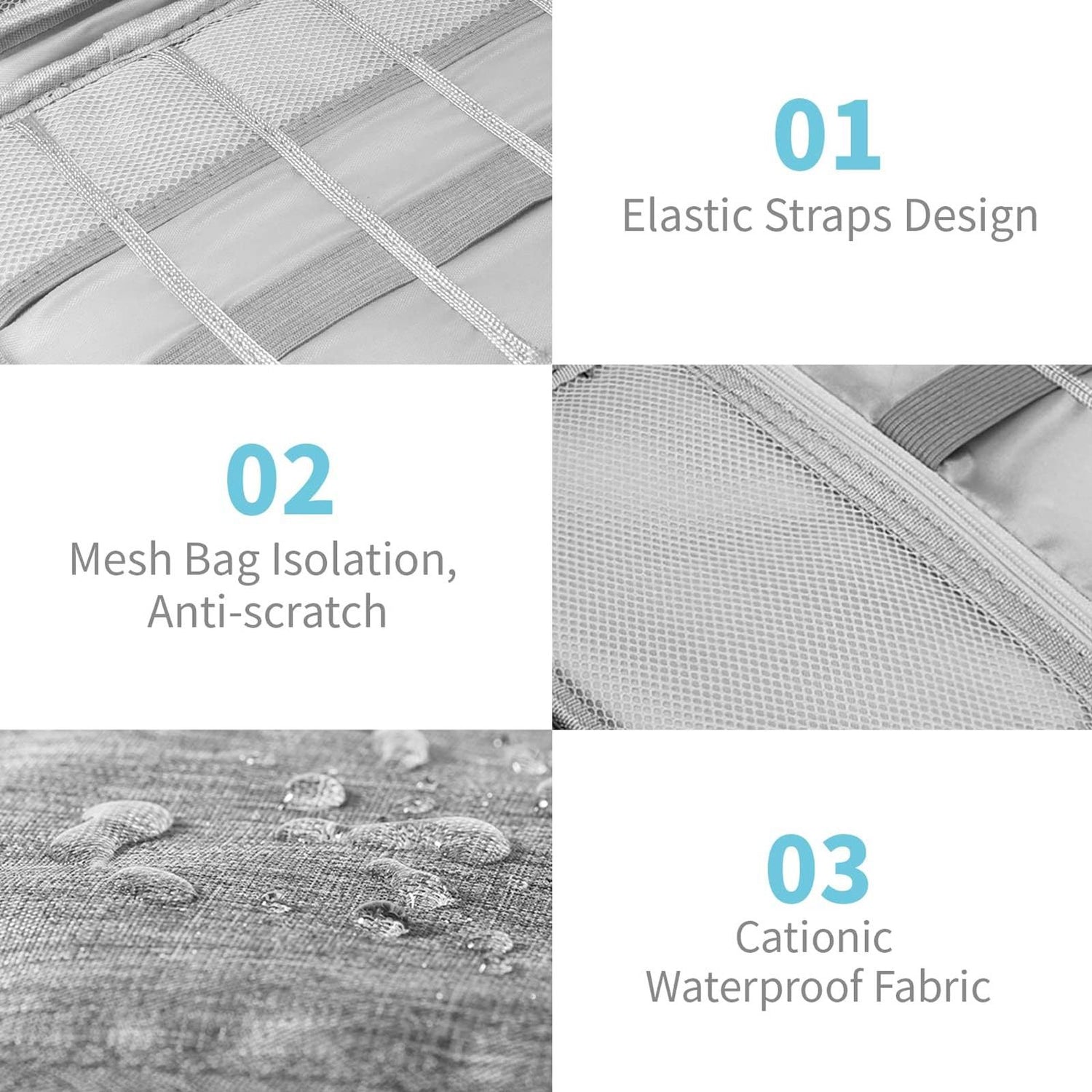 Grauer Reiseorganizer aus kationischem, wasserdichtem Stoff mit elastischen Riemen und Netztaschen, Nahaufnahme.