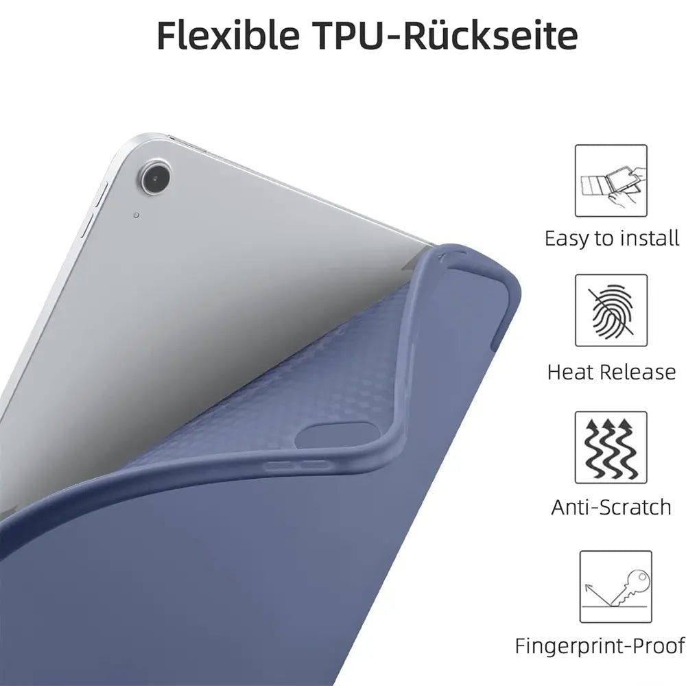 Blaues, flexibles TPU-Cover wird auf die Rückseite eines silbernen 11" iPad Pro (M4) von oben links geschoben.