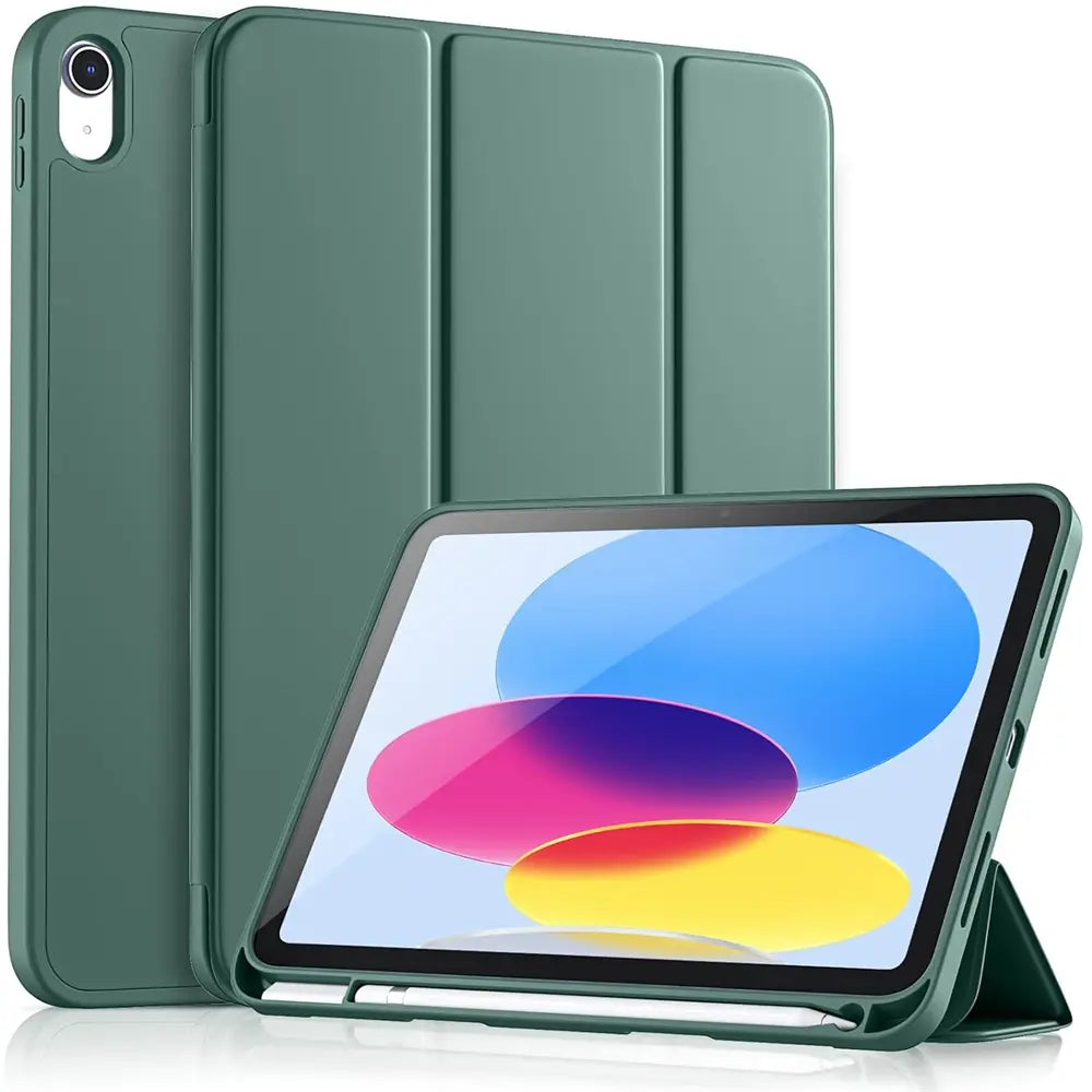 Dunkelgrünes Smart Cover aus Kunstleder für ein 13" iPad Air/Pro, teils als Ständer genutzt, mit Stifthalter.