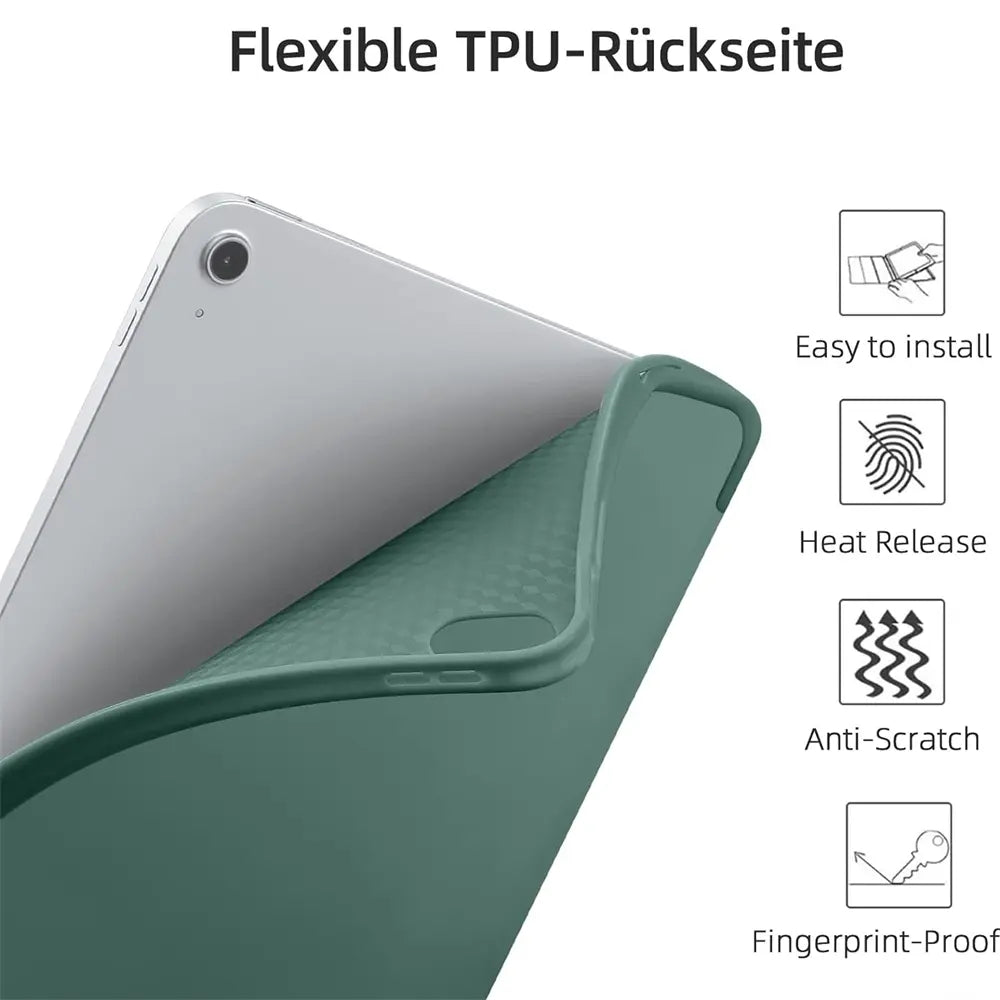 Grüne, flexible TPU-Rückseite einer Hülle, die teilweise ein silbernes 11" iPad Pro (M4) umschließt.
