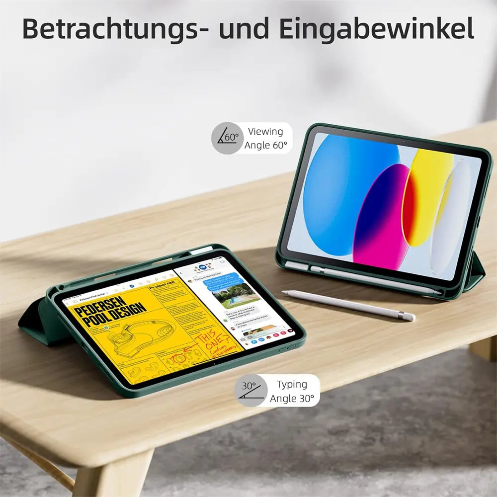 Grünes iPad-Case mit zwei Tablets, eines in 60° Betrachtungswinkel, das andere in 30° Tippwinkel.