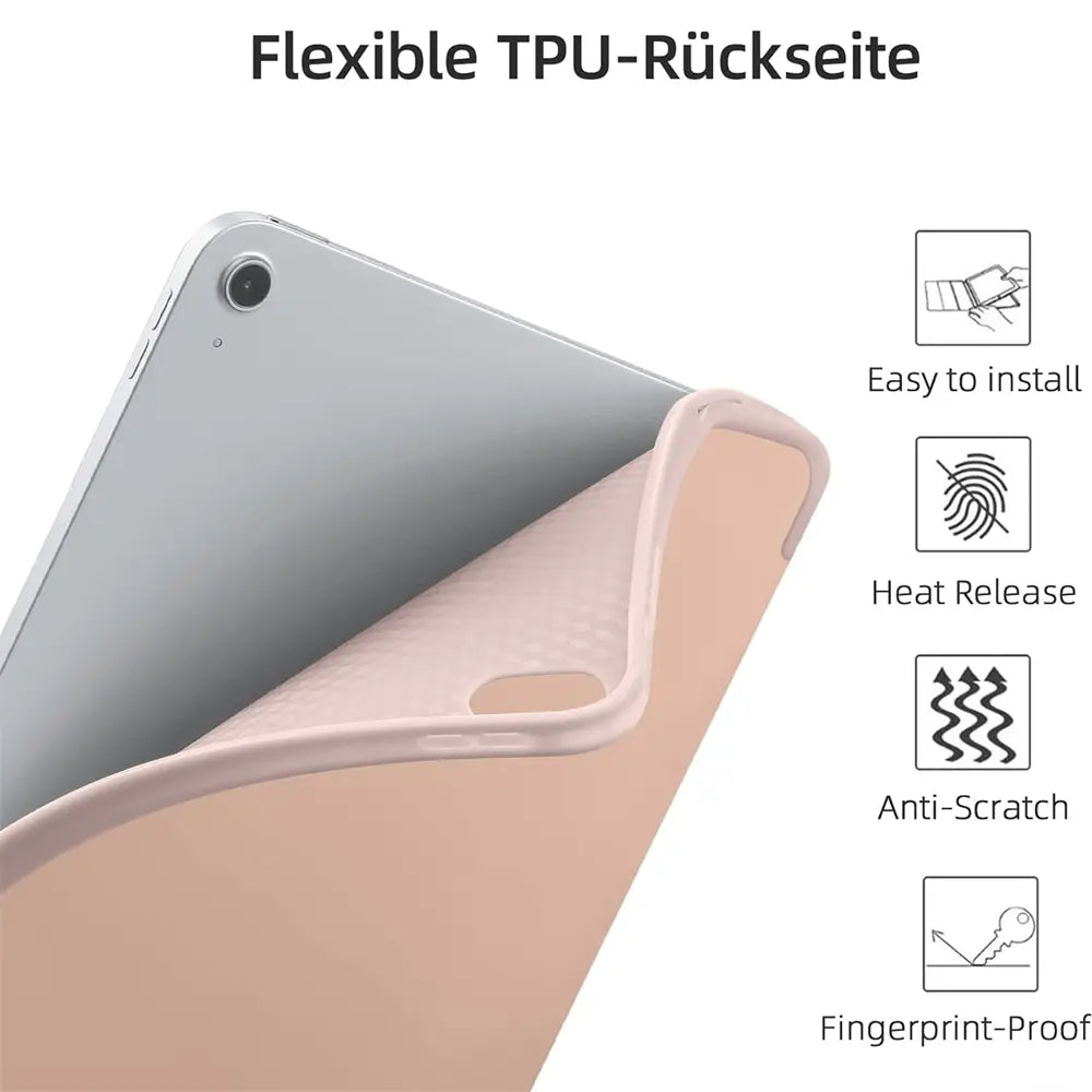 Rosafarbenes, flexibles TPU-Cover wird von einem silbernen 13" iPad Air (M3) / 13" iPad Pro (M4) abgezogen.