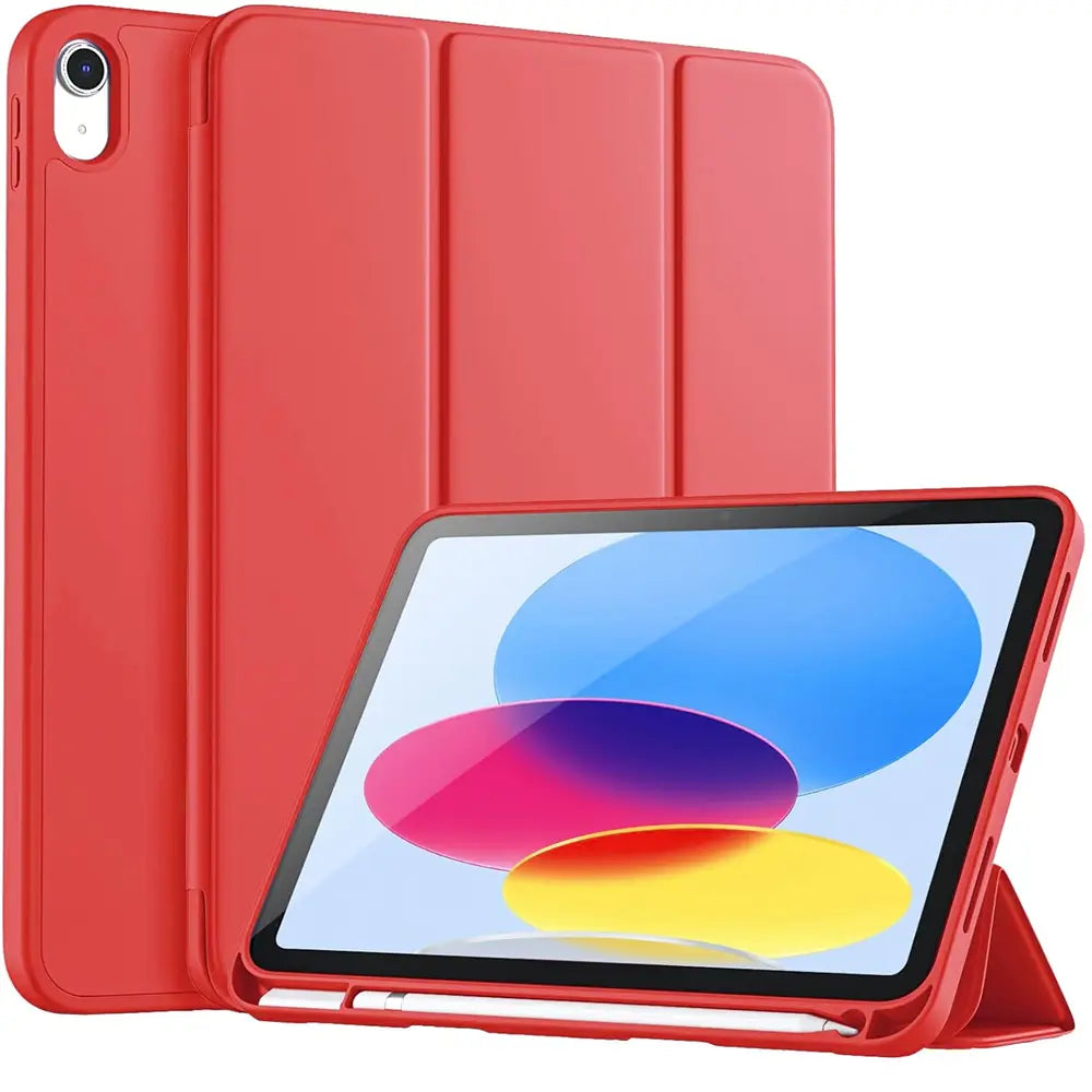 Rotes Smart Cover aus Kunstleder für 11" iPad Pro (M4) in zwei Positionen: stehend und liegend, von vorne.