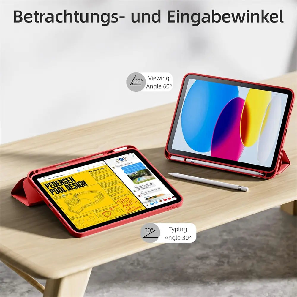 Rotes iPad-Cover aus Kunstleder, zwei Ansichten, eines mit Stift, auf Holztisch