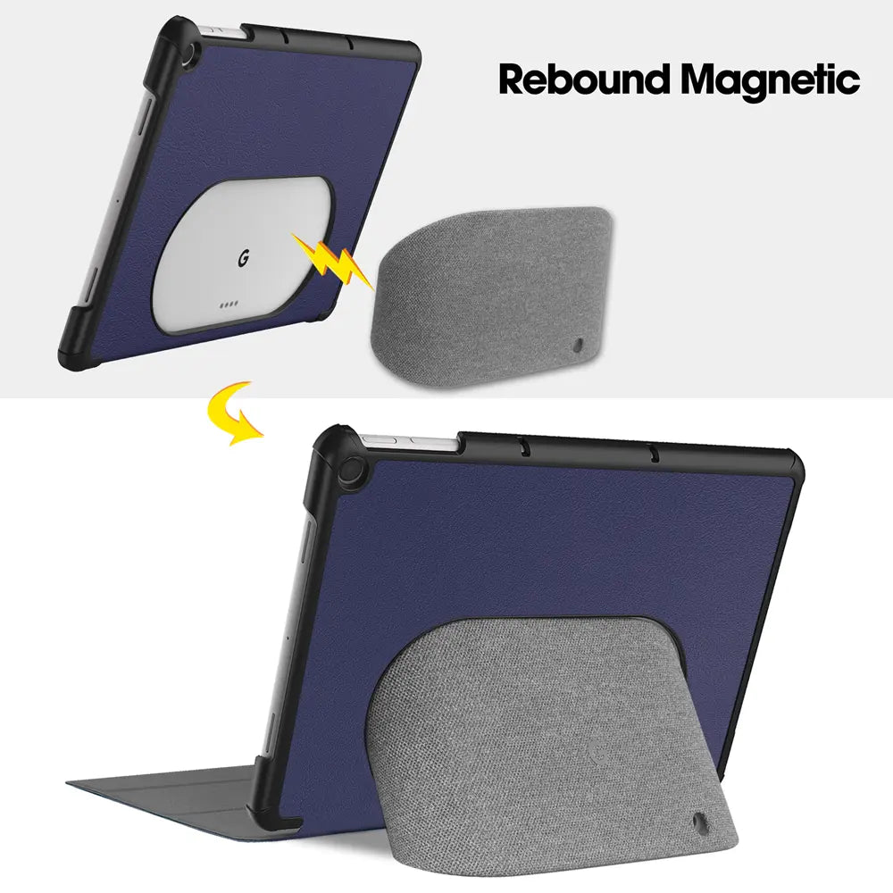 Google Pixel Tablet 11.0 in dunkelblauer Hülle mit schwarzem Rand, magnetischem, grauem Stoff-Ständer, Seitenansicht.