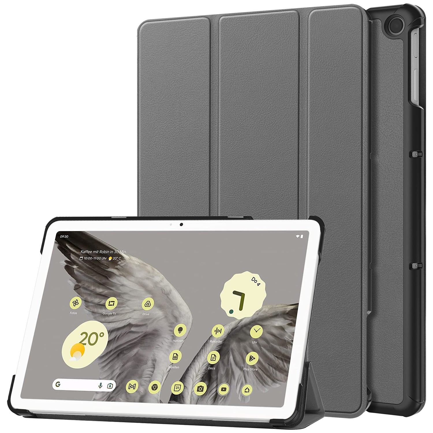 Graues Smart Cover aus Kunstleder für Google Pixel Tablet 11.0, stehend und geschlossen, von vorne/oben.