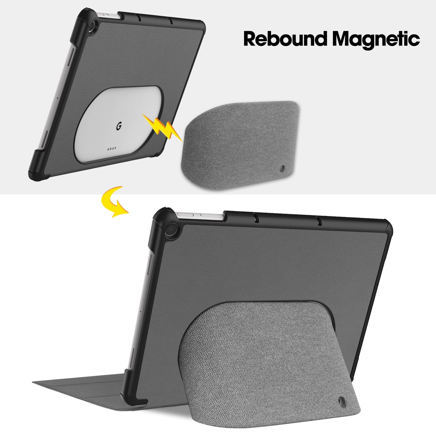 Graues Google Pixel Tablet 11.0 in schwarzer Hülle mit abnehmbarem, magnetischem, grauem Stoff-Ständer.