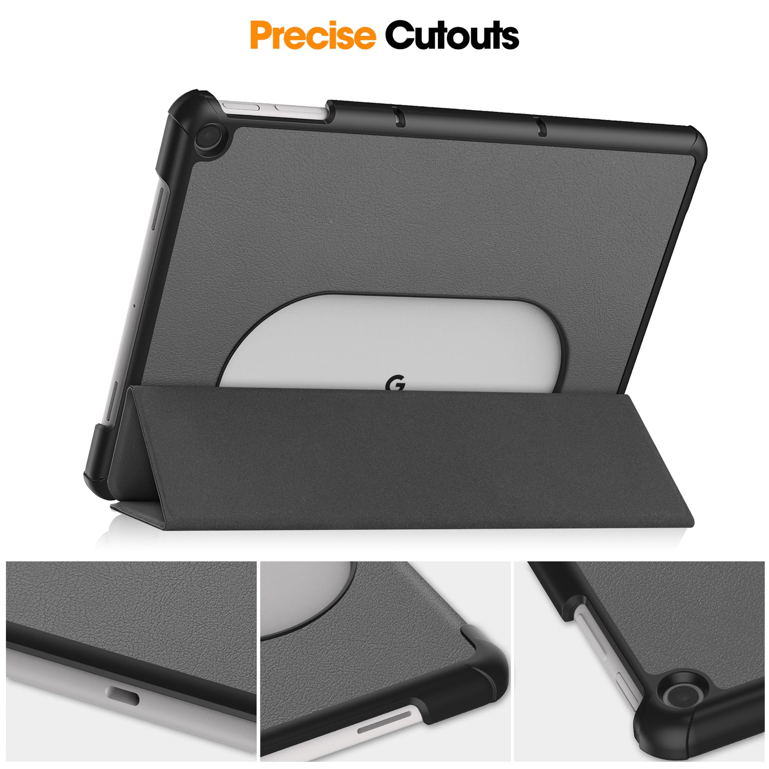 Schwarzes Google Pixel Tablet 11.0 in Kunstleder-Smart-Cover, aufgestellt als Ständer, von hinten-oben.