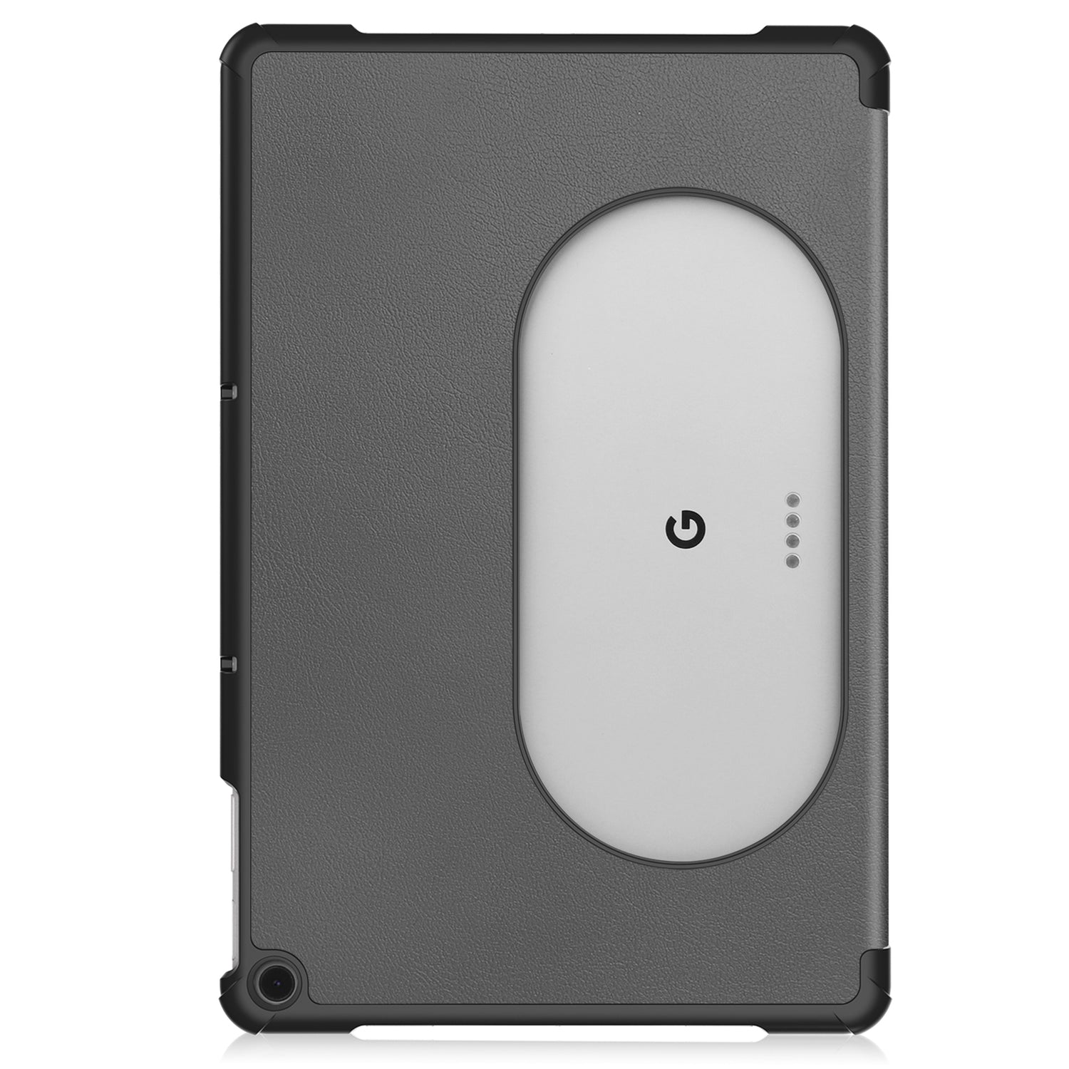 Rückseite eines Google Pixel Tablet 11.0 in einer dunkelgrauen Kunstlederhülle, die die weiße Ladedock-Aussparung zeigt.