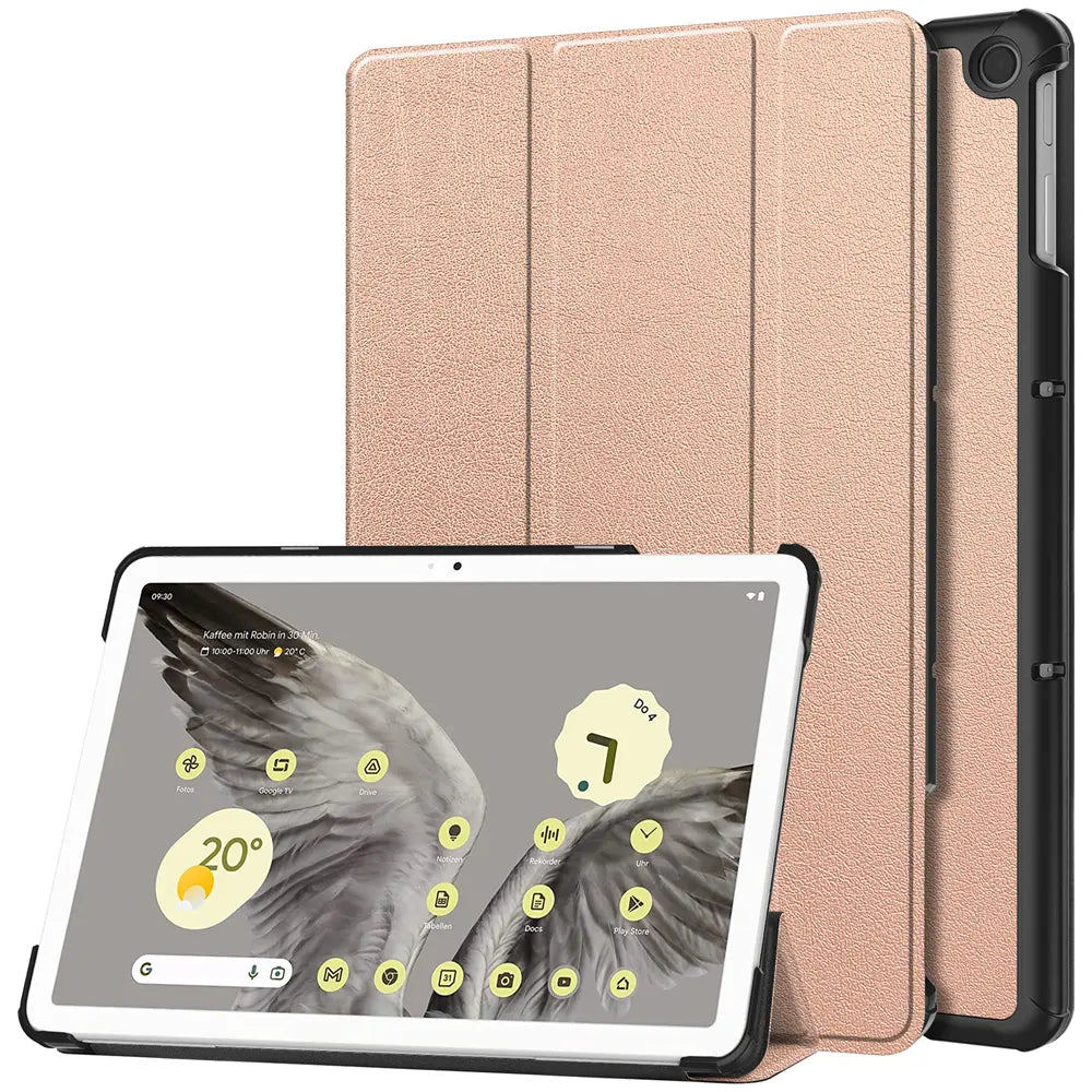 Roségoldenes Kunstleder Smart Cover für Google Pixel Tablet 11.0, aufgestellt als Ständer, Rückseite sichtbar.