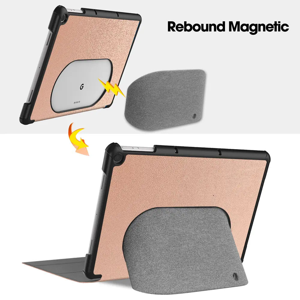 Google Pixel Tablet 11.0 in roségoldener Kunstlederhülle mit schwarzem Rahmen, magnetischer Standfußfunktion.