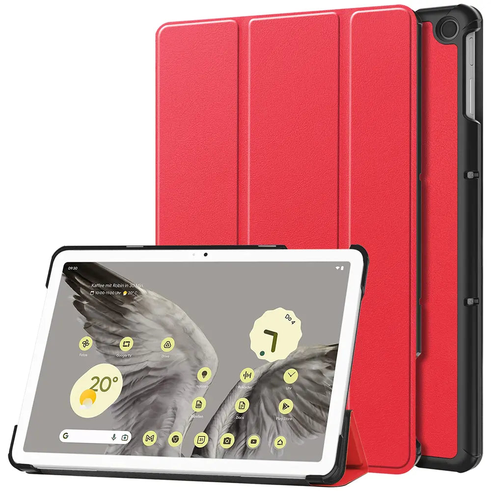 Rotes Smart Cover aus Kunstleder für Google Pixel Tablet 11.0, stehend und liegend von vorne/hinten.