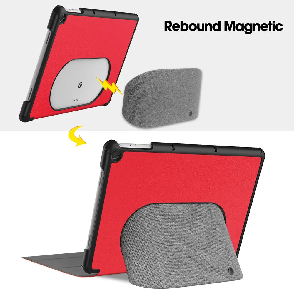 Rotes Google Pixel Tablet 11.0 Smart Cover aus Kunstleder mit schwarzem Rahmen, das als Ständer dient.