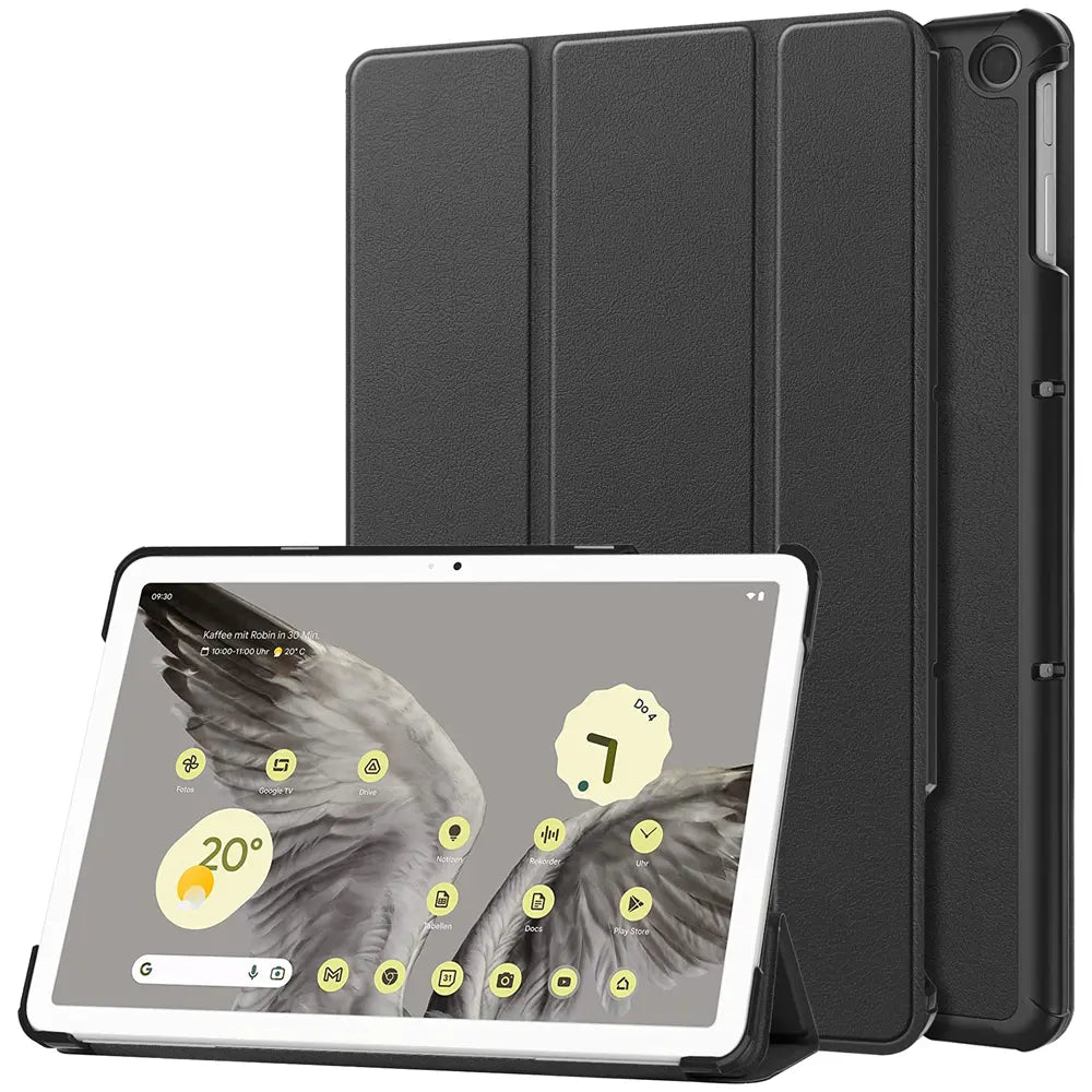 Schwarzes Kunstleder Smart Cover für Google Pixel Tablet 11.0, einmal geschlossen, einmal als Ständer mit Tablet.
