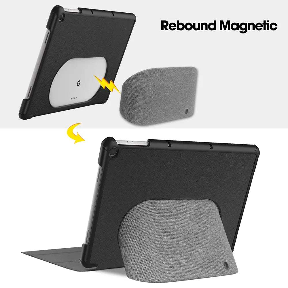 Google Pixel Tablet 11.0 in schwarzer Hülle, mit abnehmbarem, grauem Stoff-Ständer magnetisch verbunden.