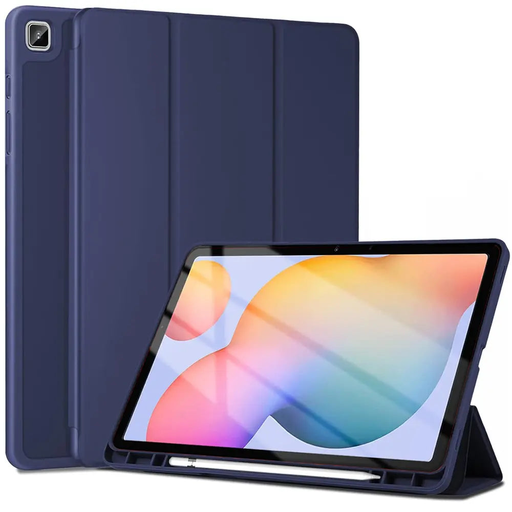 Dunkelblaues Smart Cover aus Kunstleder, Vorderansicht, Samsung Galaxy Tab S8/S9 Ultra mit Stift.