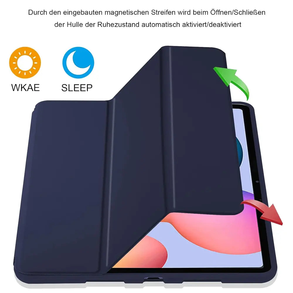 Dunkelblaues Smart Cover aus Kunstleder, schräg von oben, zeigt Samsung Tab S8 Ultra/S9 Ultra.