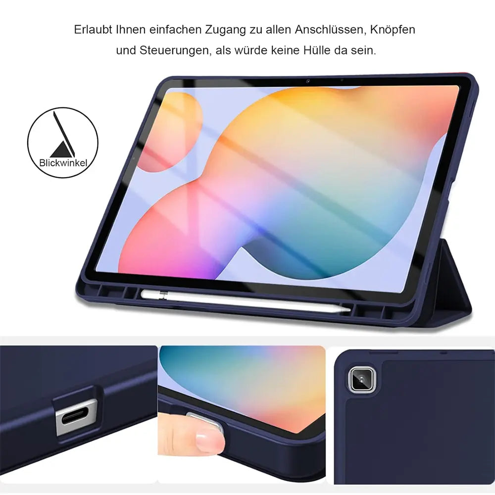 Dunkelblaues Smart Cover aus Kunstleder für Samsung Tab S8/S9 Ultra, Seitenansicht.