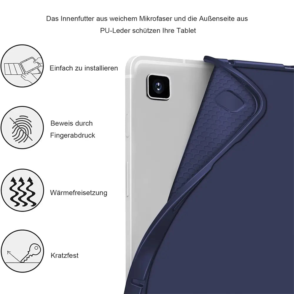 Dunkelblaues PU-Leder-Tablet-Cover, Rückansicht, zeigt ein Samsung Galaxy Tab S8/S9 Ultra.