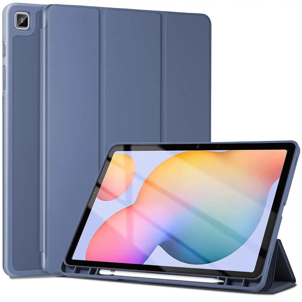Blaues Smart Cover aus Kunstleder für Samsung Galaxy Tab S8/S9 Ultra, Vorderansicht mit Tablet im Ständer.