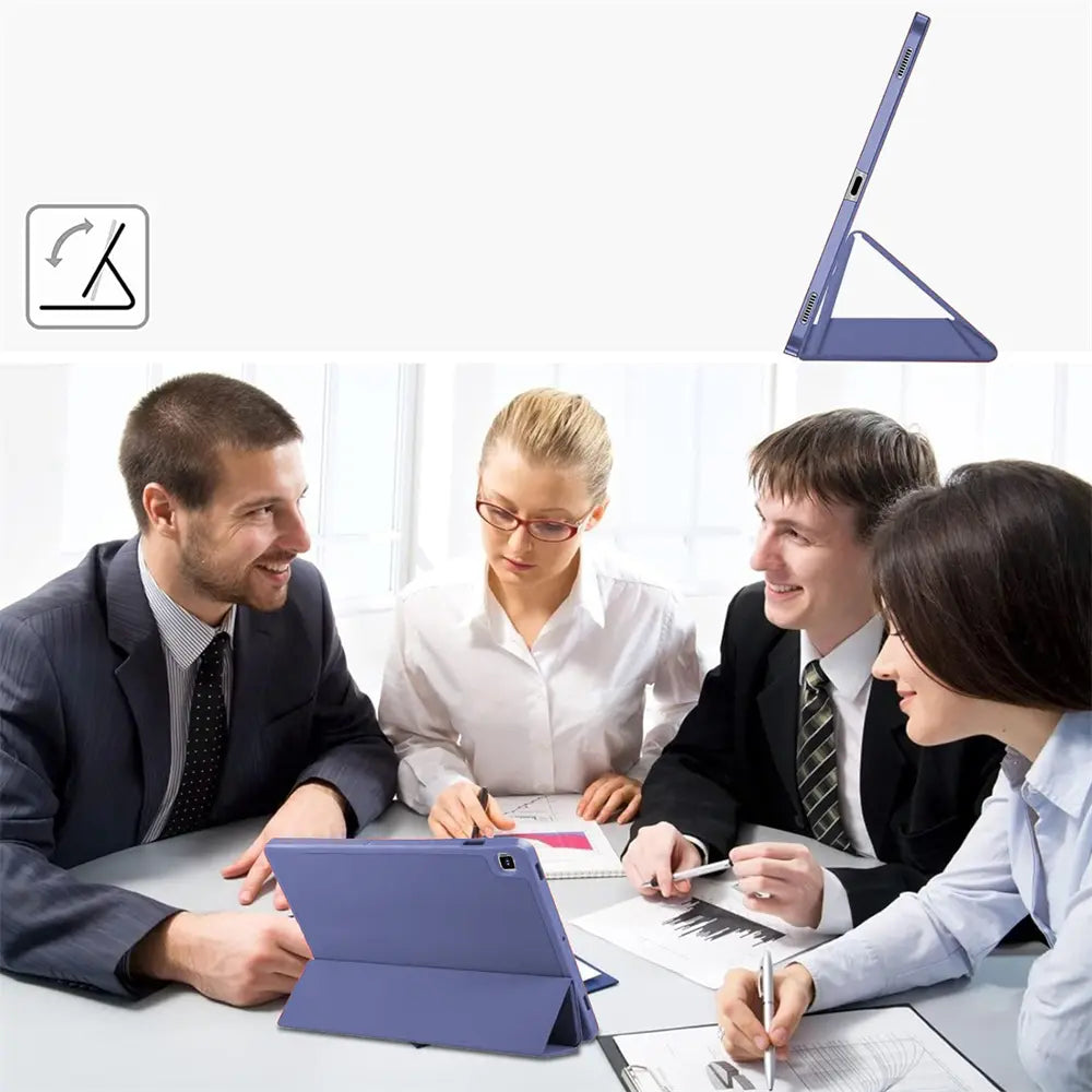 Lila Tablet-Hülle aus Kunstleder, aufgestellt, mit Samsung Tab S8/S9 Ultra.