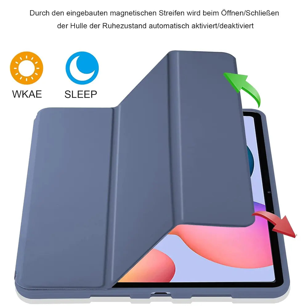Graues Smart Cover aus Kunstleder, von oben/schräg, auf einem Samsung Galaxy Tab S8/S9 Ultra.