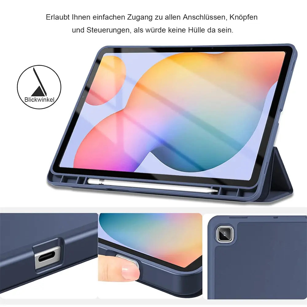 Dunkelblaues Smart Cover aus Kunstleder für Samsung Tab S8/S9 Ultra, Seitenansicht.
