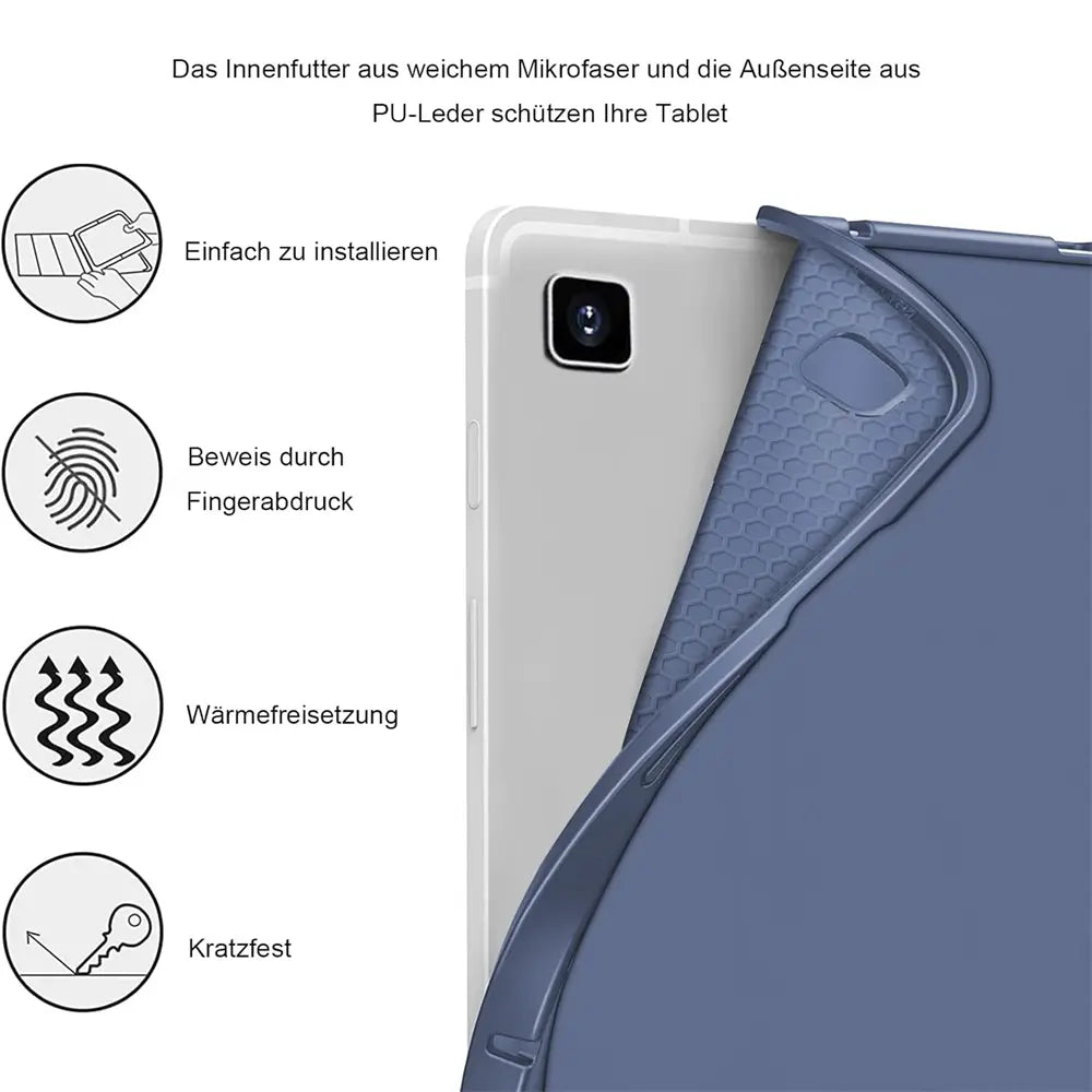 Blaues PU-Leder-Cover mit Wabenmuster-Innenfutter, zeigt Rückseite eines Tablets.