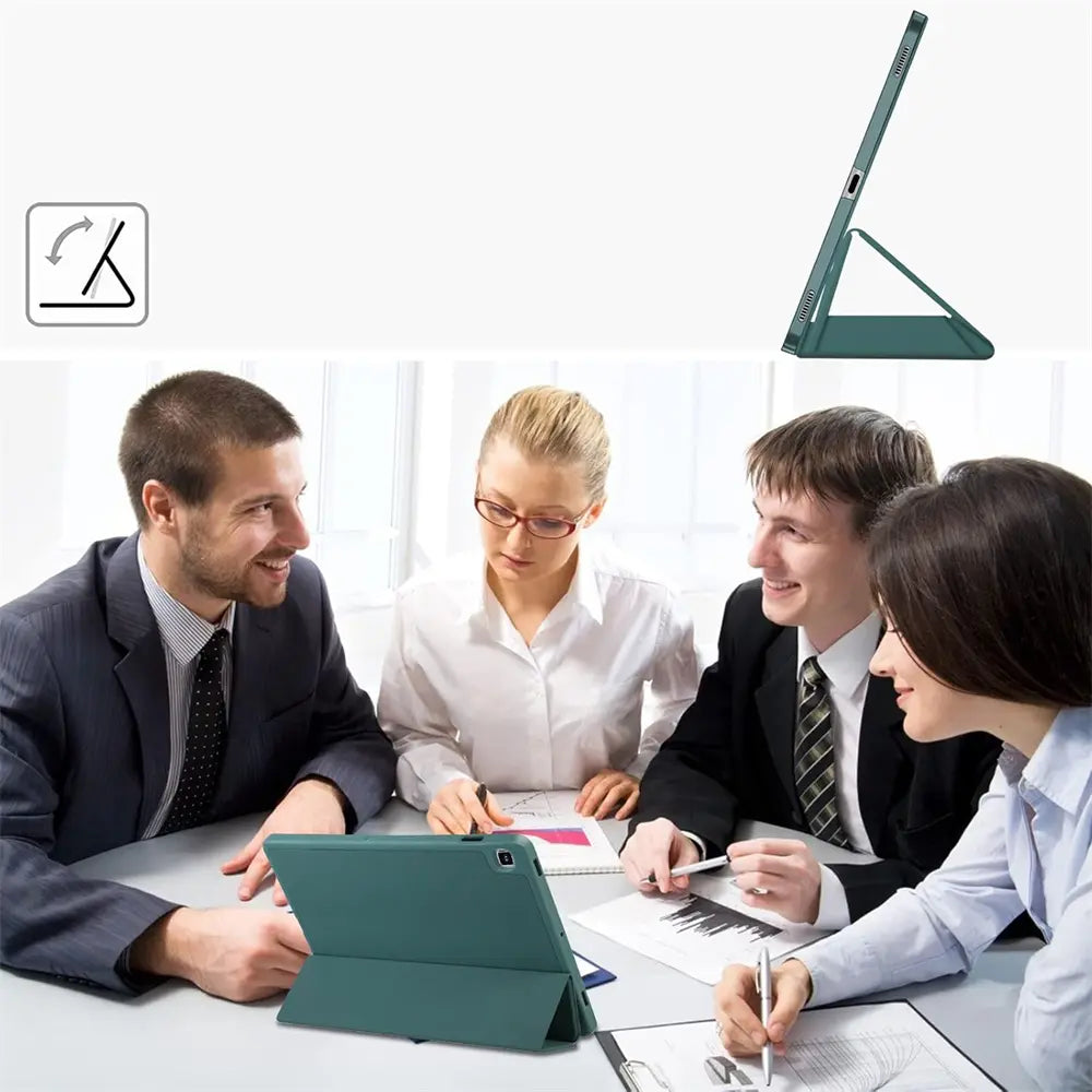 Grüne Hülle für Samsung Tab S8/S9 Ultra, Lederoptik, Seitenansicht, aufgestellt