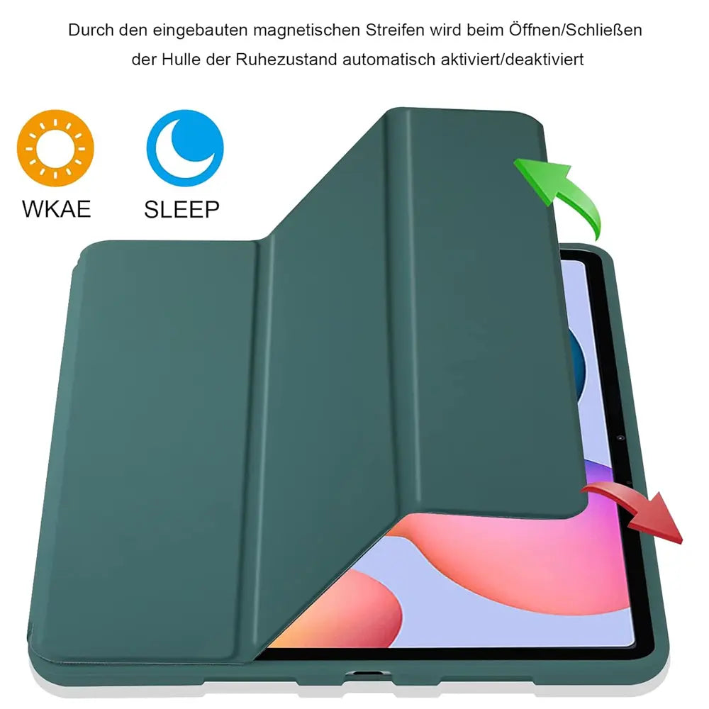Dunkelgrüne Hülle aus Kunstleder, von vorne/oben, zeigt Samsung Tablet S8/S9 Ultra.