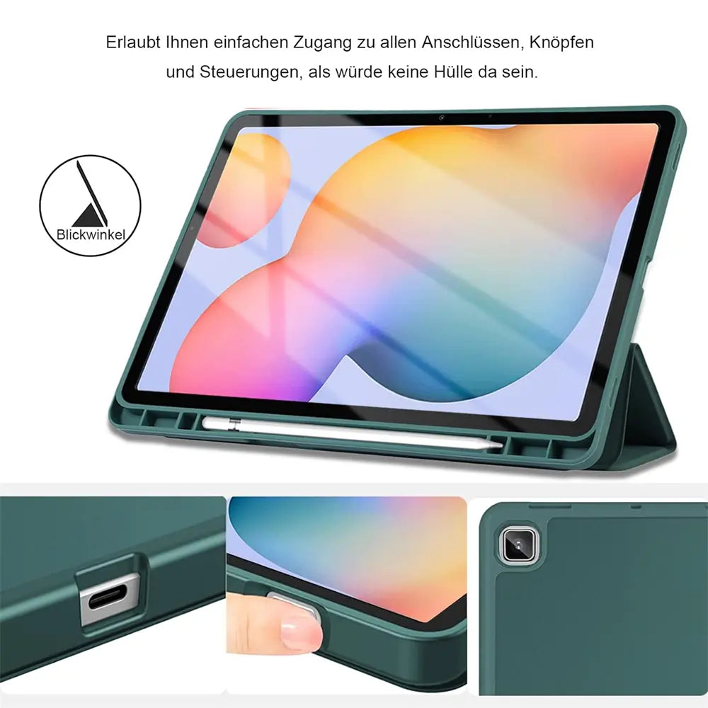 Dunkelgrüne Tablet-Hülle aus Kunststoff mit Samsung Tab S8/S9 Ultra, Seitenansicht