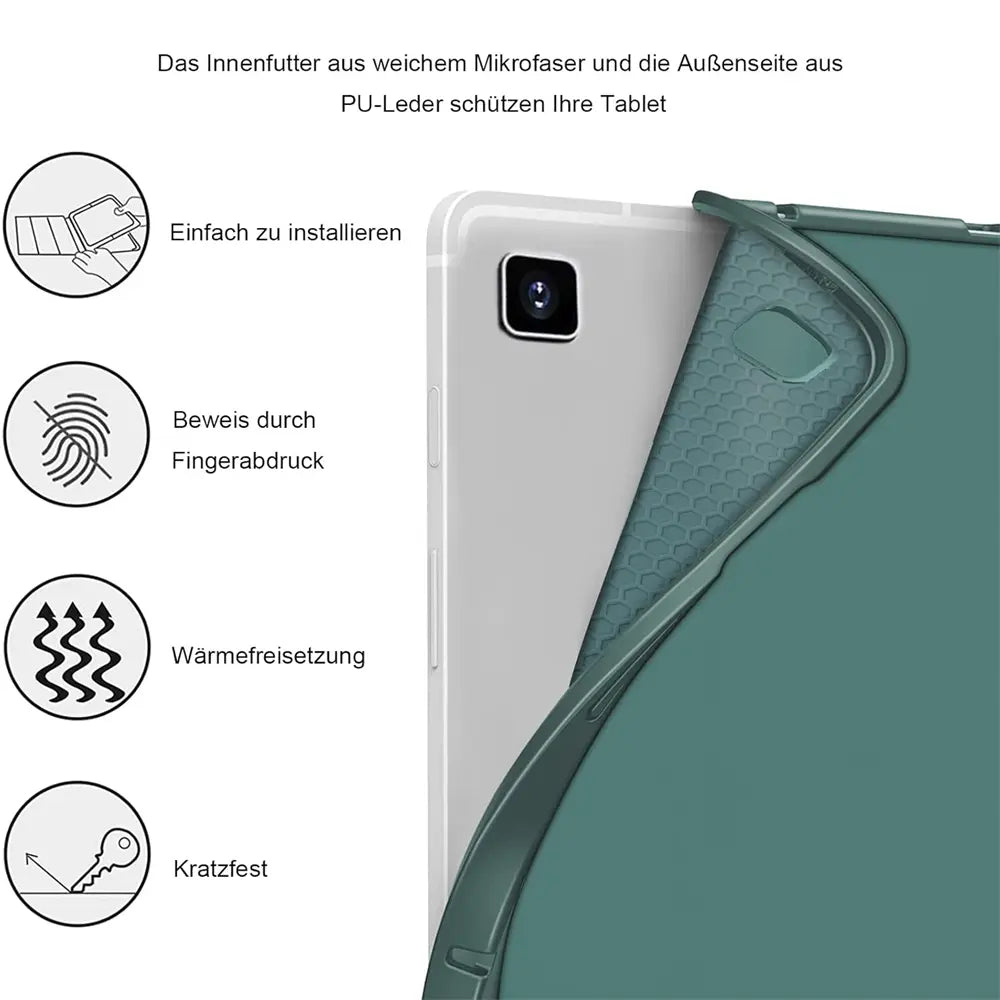 Grüne PU-Lederhülle mit Mikrofaserfutter, zeigt Rückseite eines Tablets, Nahaufnahme.