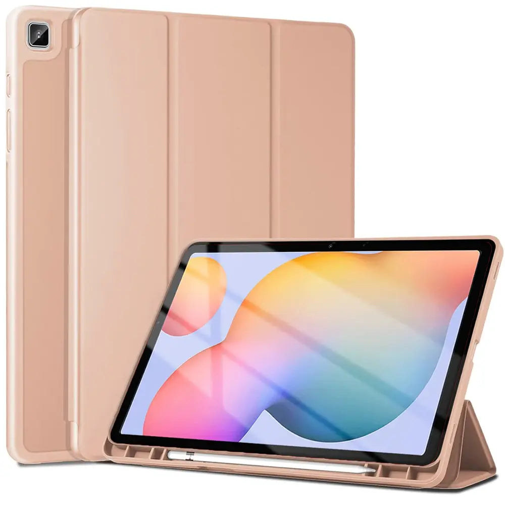 Rosa Tablet-Hülle aus Kunstleder, Vorderansicht, mit aufgestelltem Tablet und Stift.