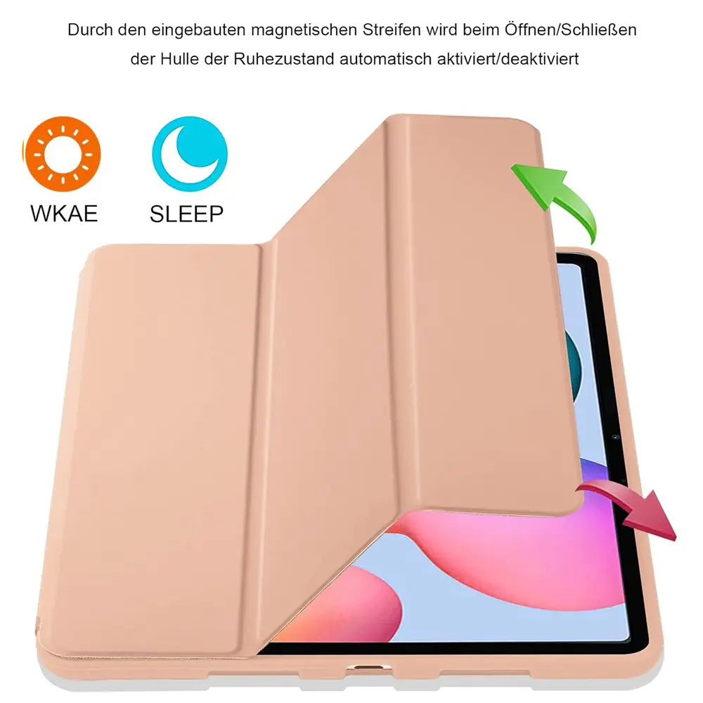 Rosa Smart Cover aus Kunstleder für Samsung Tab S8/S9 Ultra, von oben schräg gezeigt.