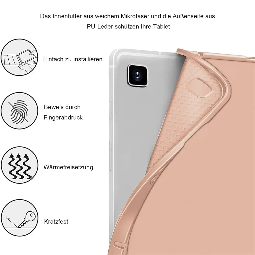 Rosafarbenes PU-Leder-Tablet-Cover, Nahaufnahme, Rückseite eines Tablets sichtbar.