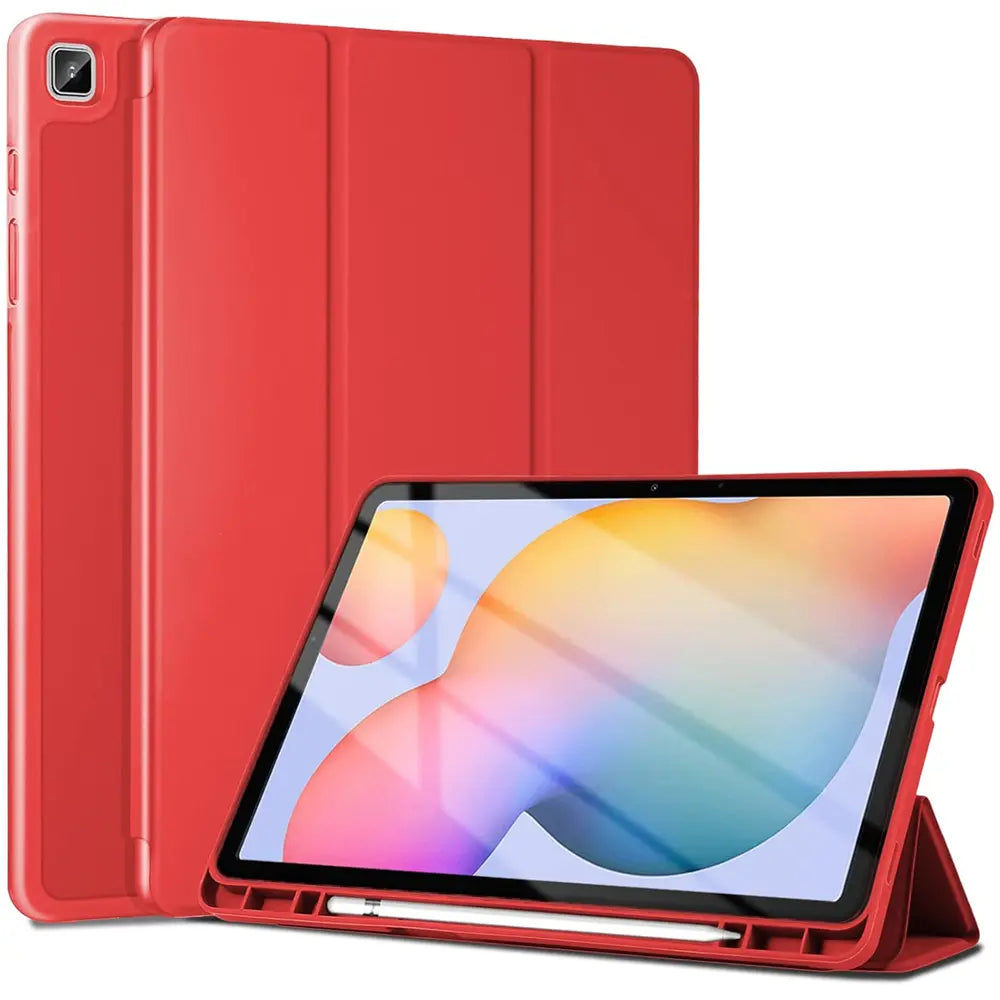 Rotes Smart Cover aus Kunstleder, Vorderansicht, mit Tablet und Stift.