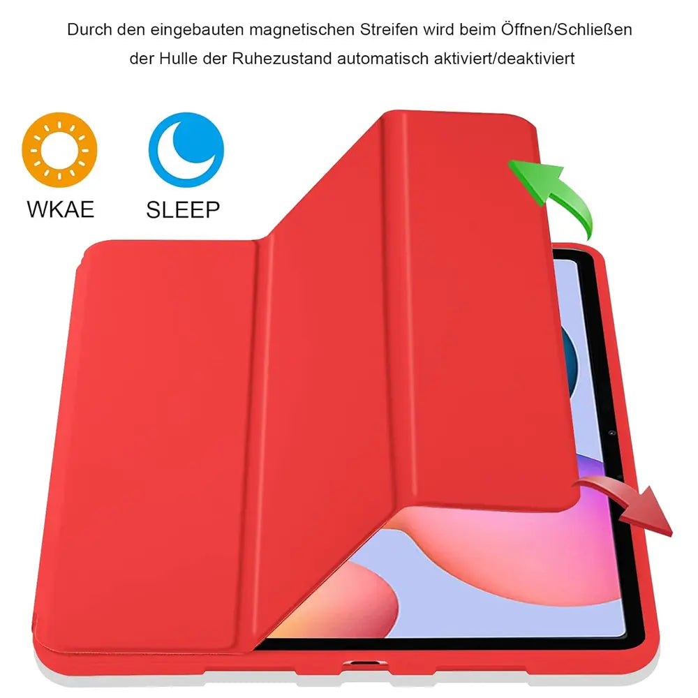 Rotes Smart Cover aus Kunstleder für Samsung Galaxy Tab S8/S9 Ultra, von oben, mit Pfeilen.