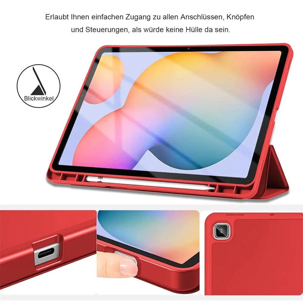 Rotes Smart Cover aus Kunstleder für Samsung Tab S8/S9 Ultra, Seitenansicht mit Stift.