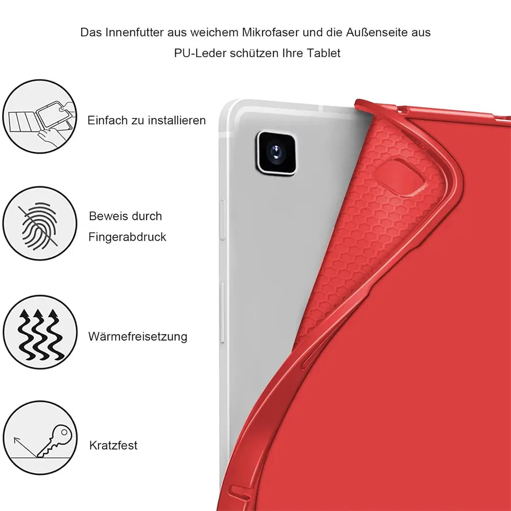 Rotes PU-Leder-Tablet-Cover, Nahaufnahme, zeigt Rückseite eines Tablets.
