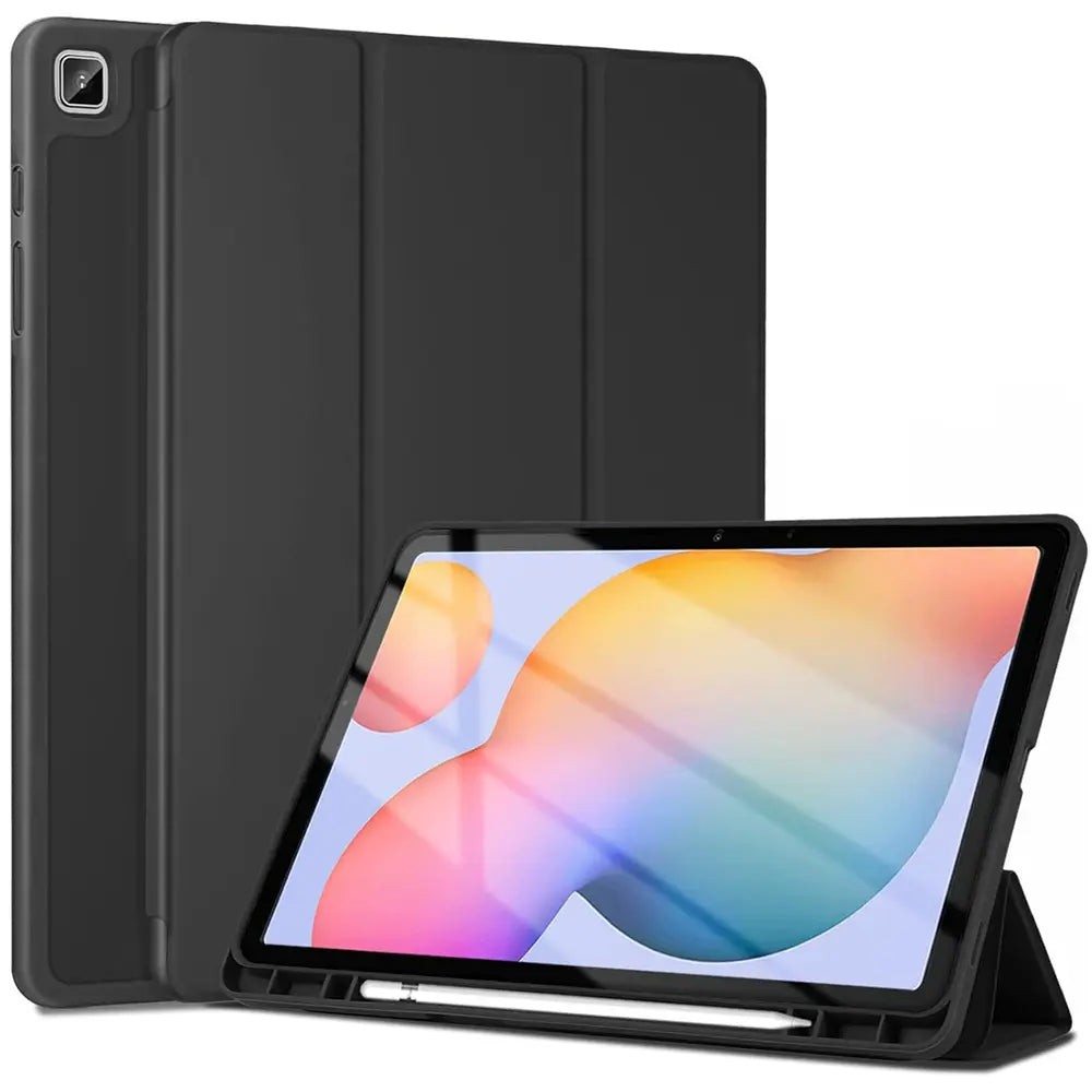 Schwarzes Smart Cover aus Kunstleder, Vorderansicht, Samsung Galaxy Tab S8/S9 Ultra mit Stift.