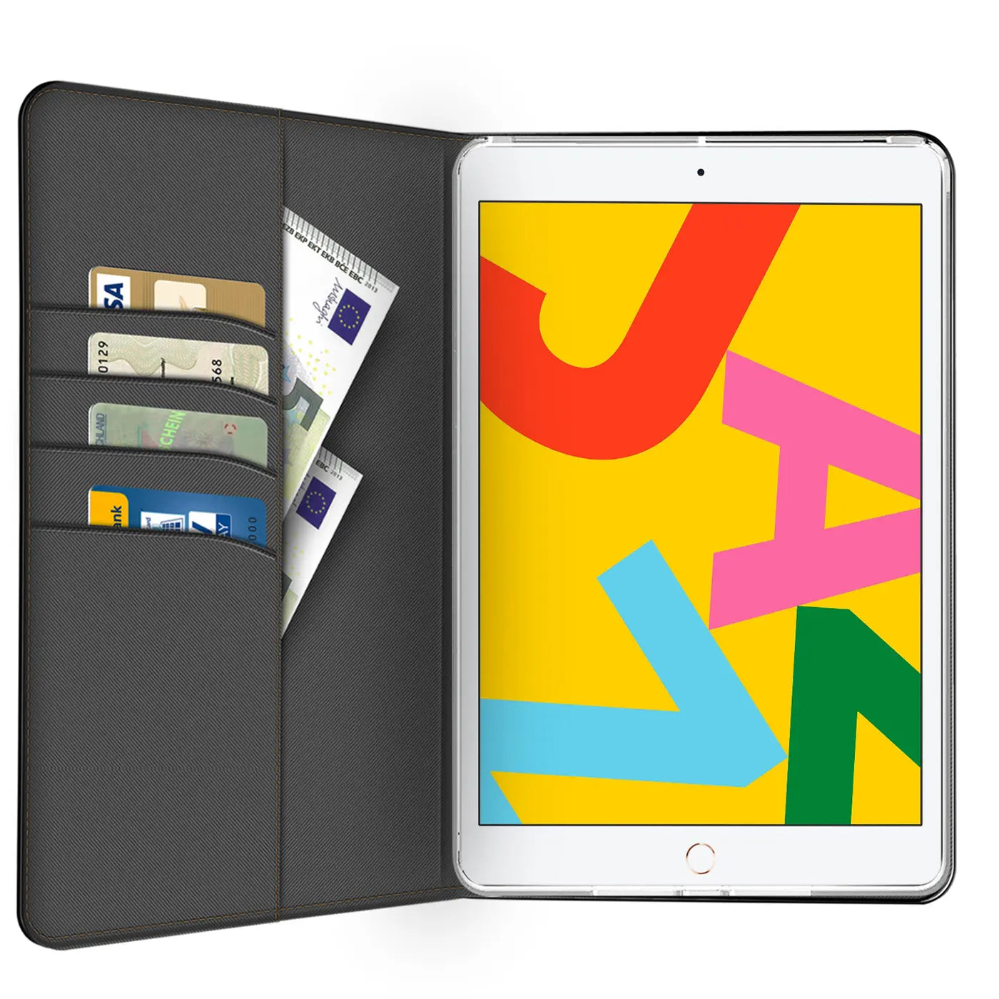Graue Textil-Klapphülle mit Kartenfächern, zeigt ein iPad (7.-9. Gen.) mit buntem Hintergrund.