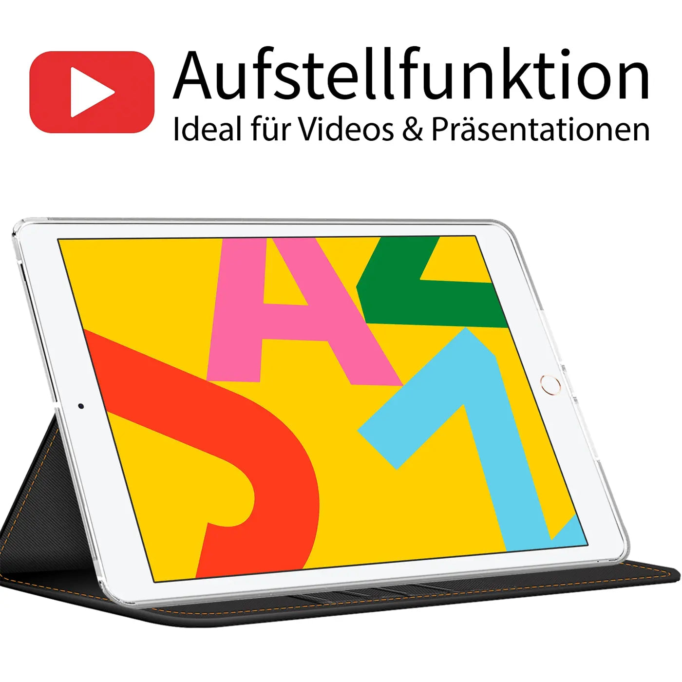 iPad (7.-9. Gen.) in schwarzer Textil-Klapphülle, schräg von vorne.